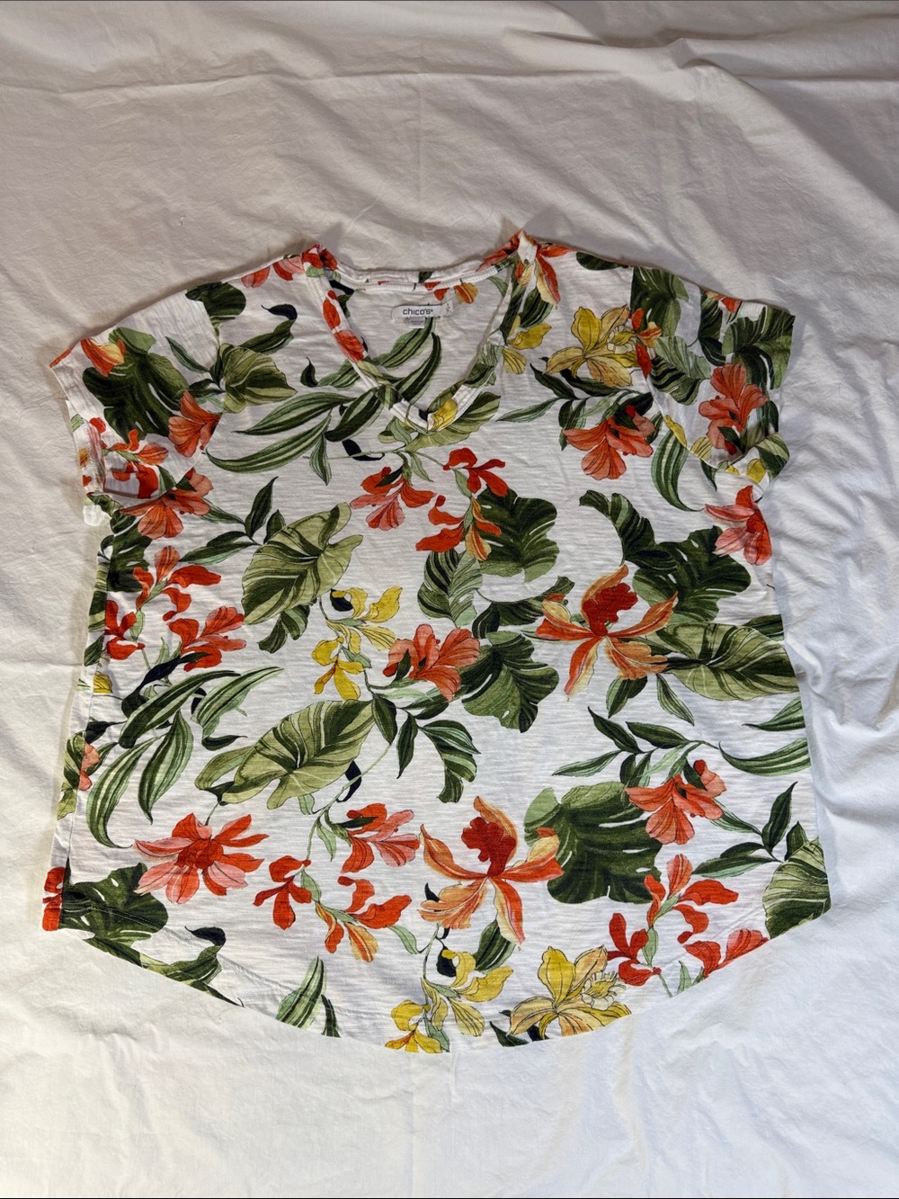 Chico’s V-Neck Floral Print Tee in White with Green & Orange